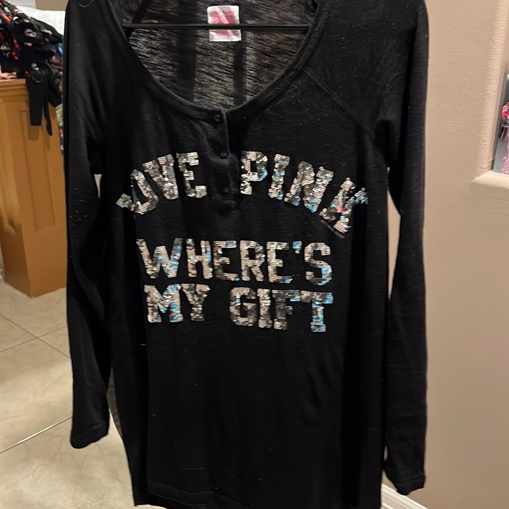 Pink Victoria secret black blouse - silver sequence letters